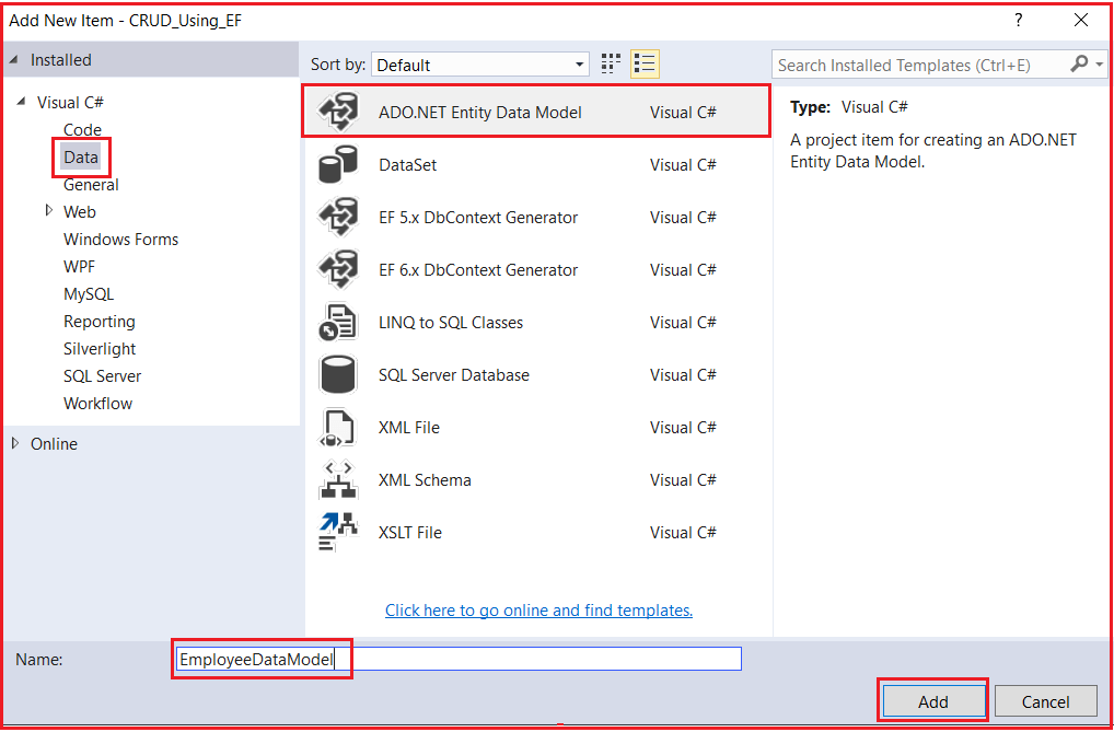 Adding ADO.NET Entity Data Model in ASP.NET MVC Application