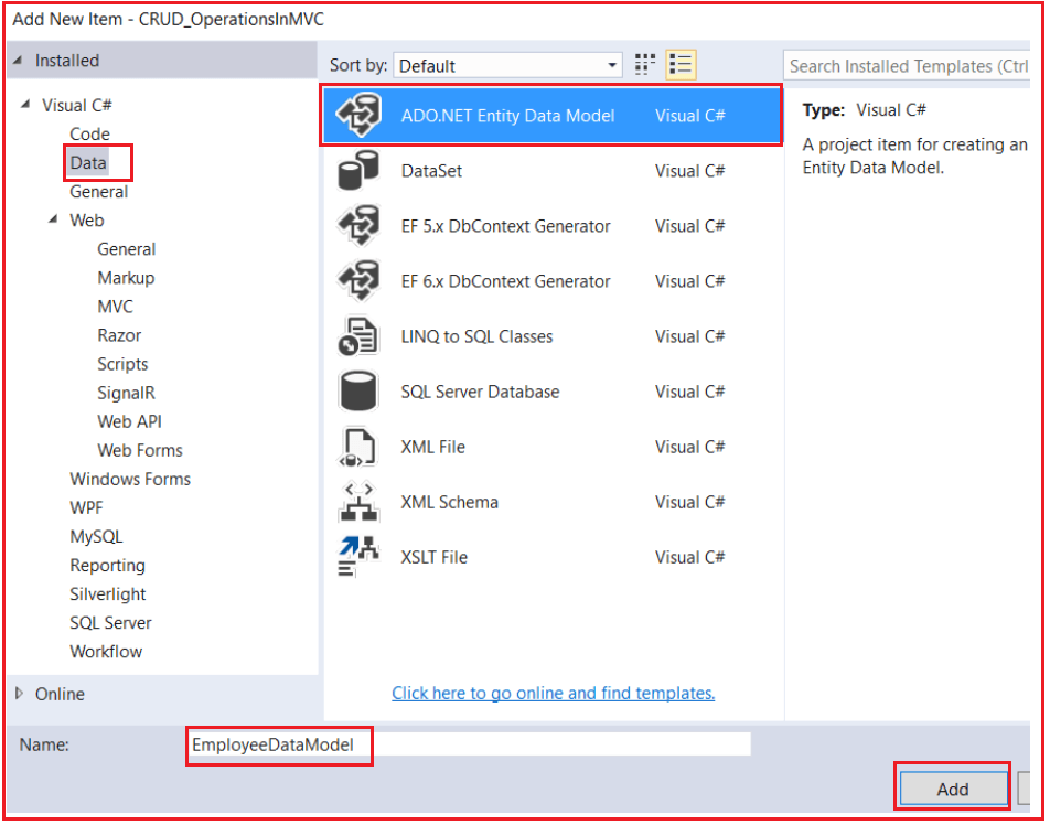 Adding ADO.NET Entity Data Model in MVC Application