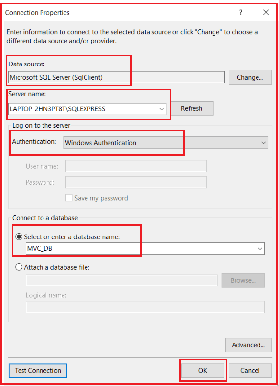 Providing Connection Details for SQL Server Database