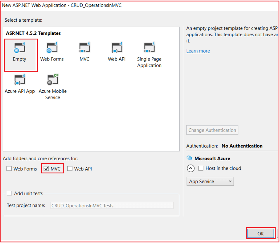 Selecting MVC Template