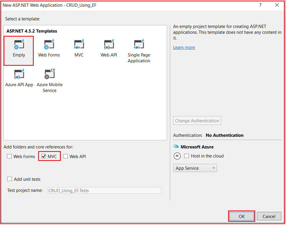 Selecting Project Template in ASP.NET MVC Application