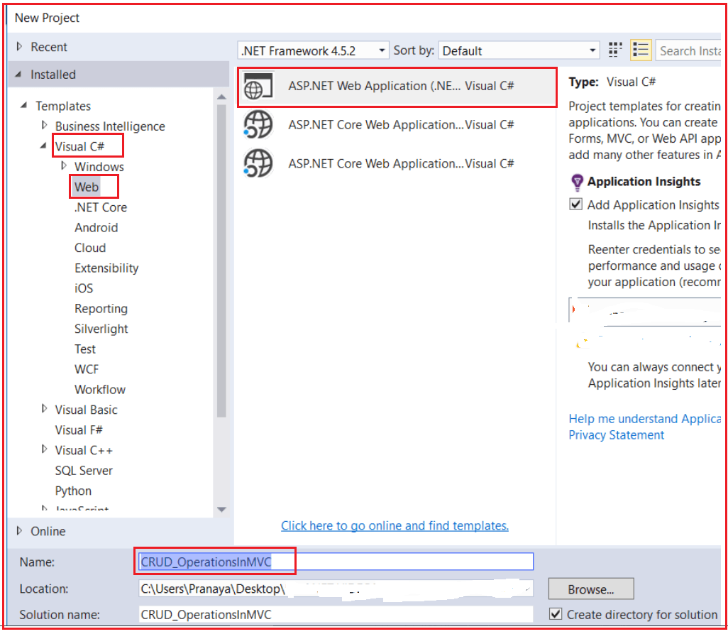 Selecting The Project Type as ASP.NET Web Application