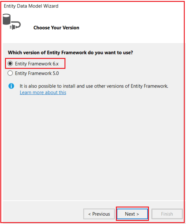 Selecting the Entity Framework Version