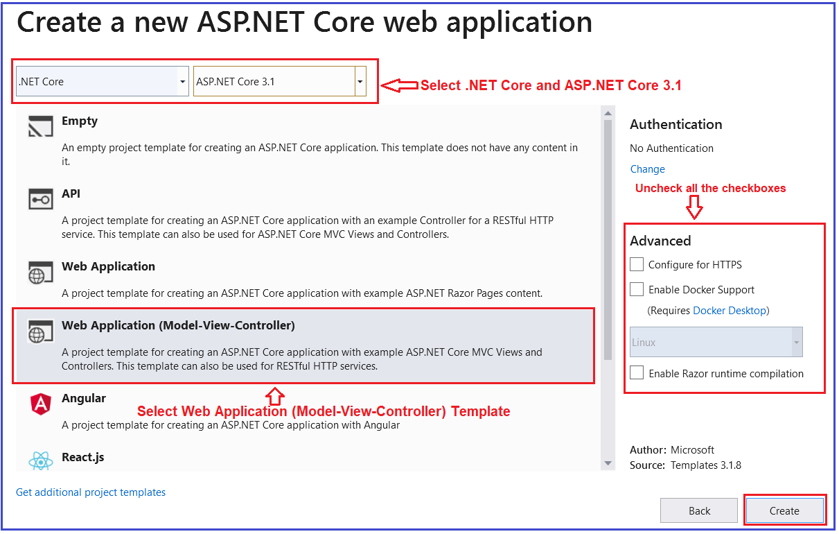 Create a new ASP.NET Core Web Application