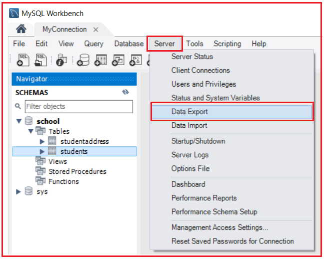 import database mysql workbench