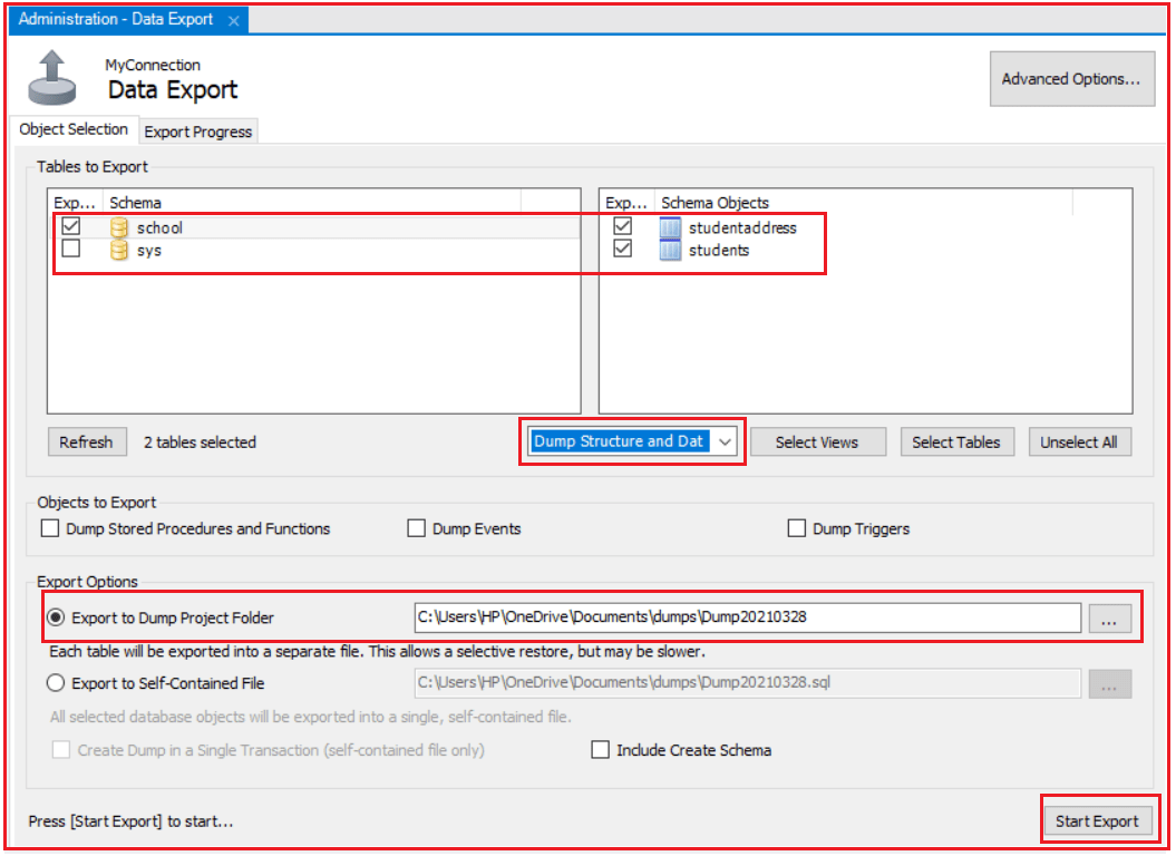 Export database using MySQL Workbench