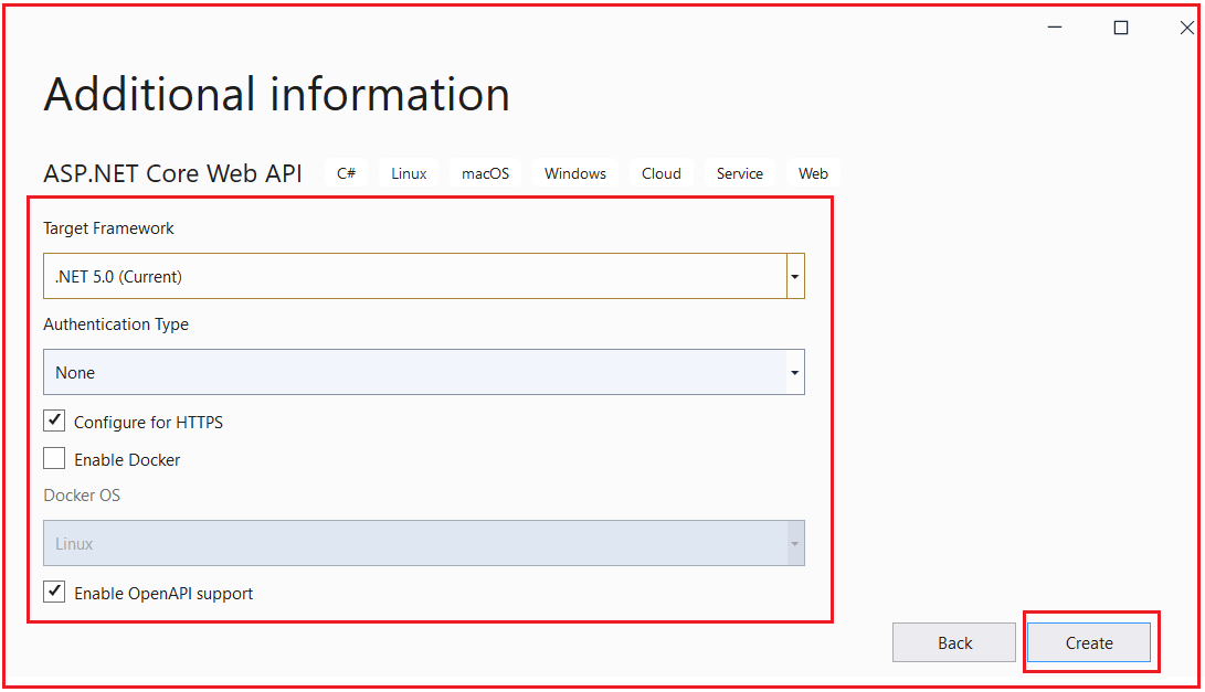 Configuring ASP.NET Core Web API project in Visual Studio 2019