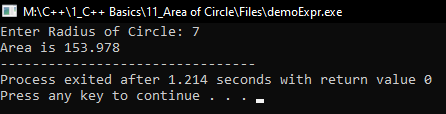 Area of Circle Code in C++ Language