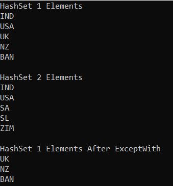 HashSet ExceptWith(IEnumerable<T> other) Example in C#