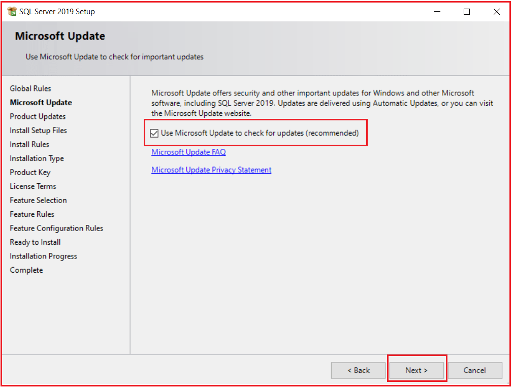 Microsoft update to check for updates checkbox