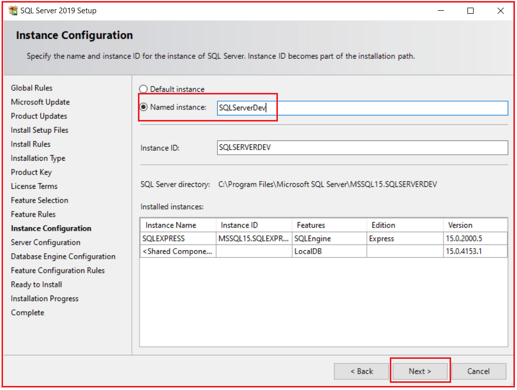 Instance Configuration window in SQL Server