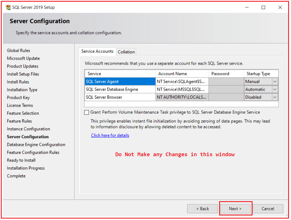 Server Configuration window in SQL Server
