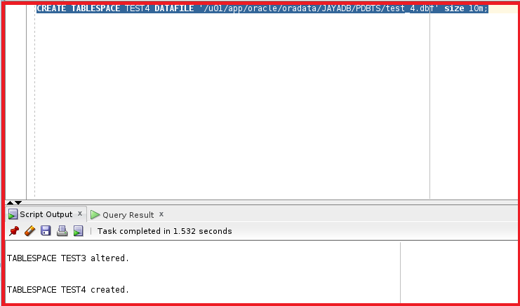 Create a tablespace including the data file name