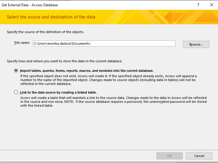 Select the Import Tables option