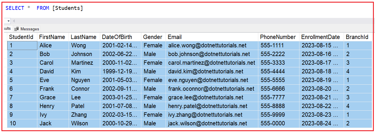 Inserting Dummy Data Into the Students Database table