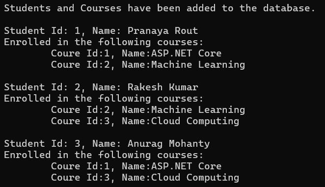 Program to Understand Many to Many Relationships in Entity Framework Core