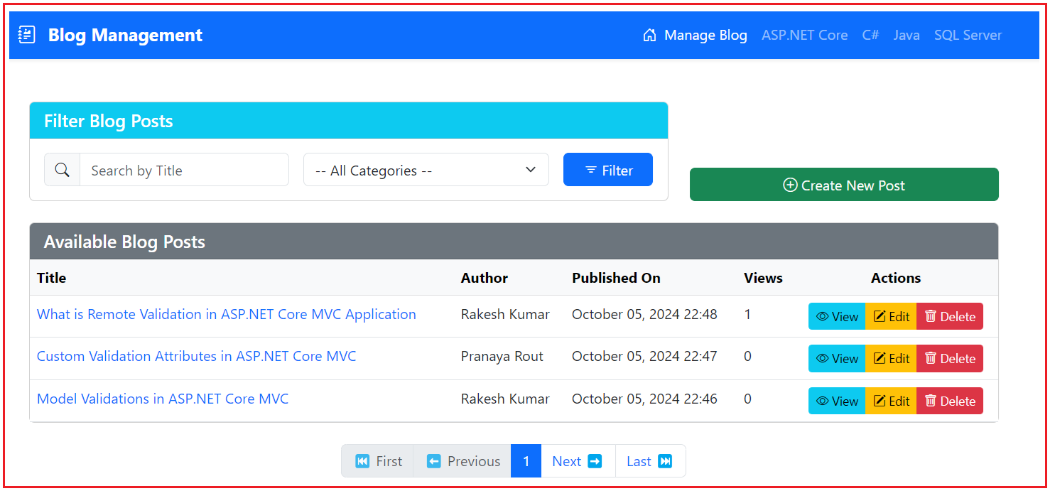 Real-time Blog Management Application using ASP.NET Core MVC and Entity Framework Core (EF Core)