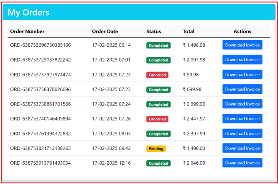 Customer Order List Page