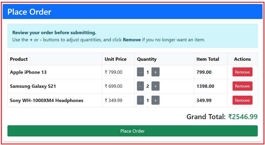 Place Order Page