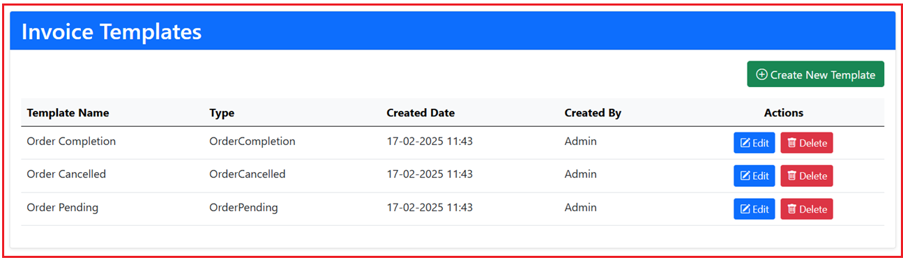 Manage Invoice Template Page