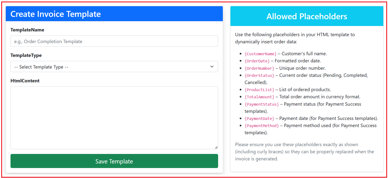 Order Create Invoice Template Page