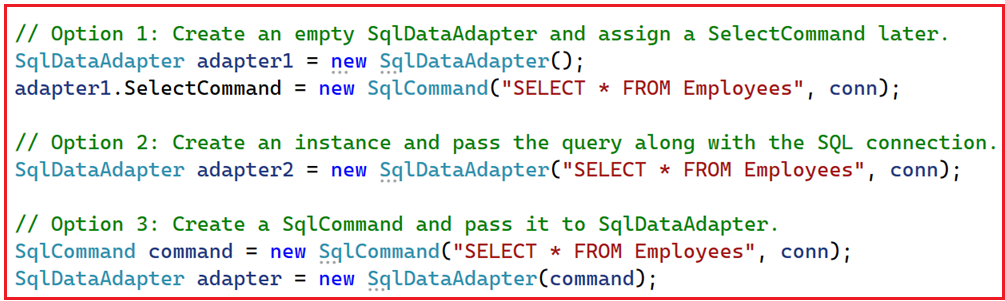 How Do We Create an Instance of the SqlDataAdapter Class in ADO.NET Core?