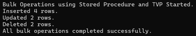 Example to Understand Bulk Operations using Stored Procedures with TVP in ADO.NET Core