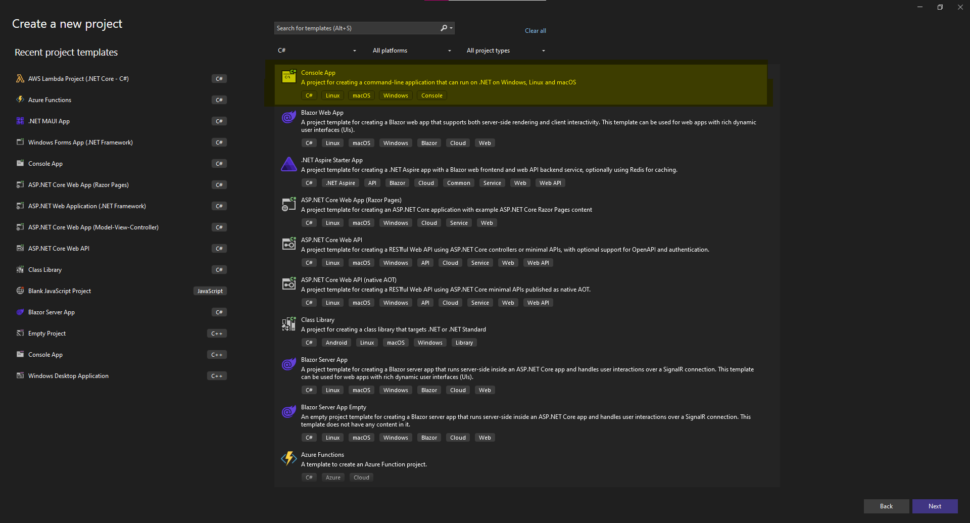 Choosing Console Application for project type