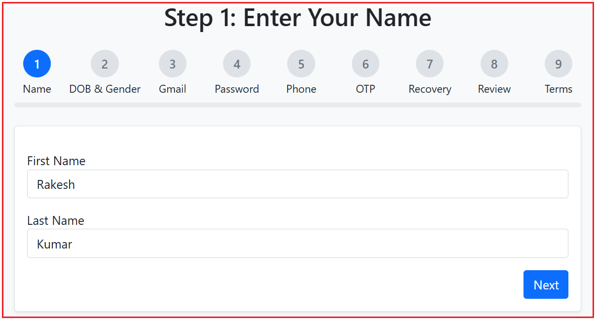 Step 1: Enter First Name and Last Name