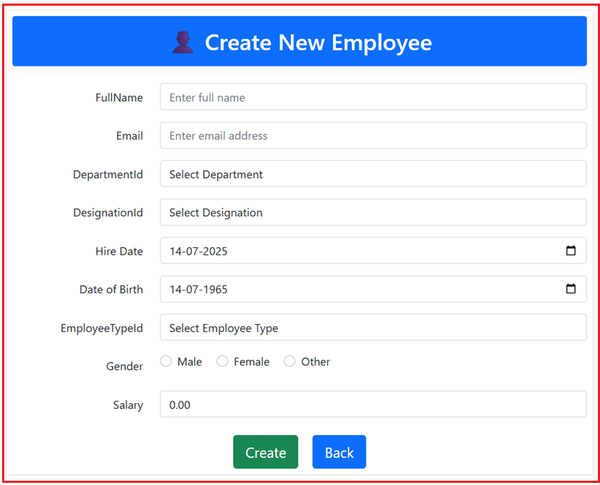 Employee Create Page