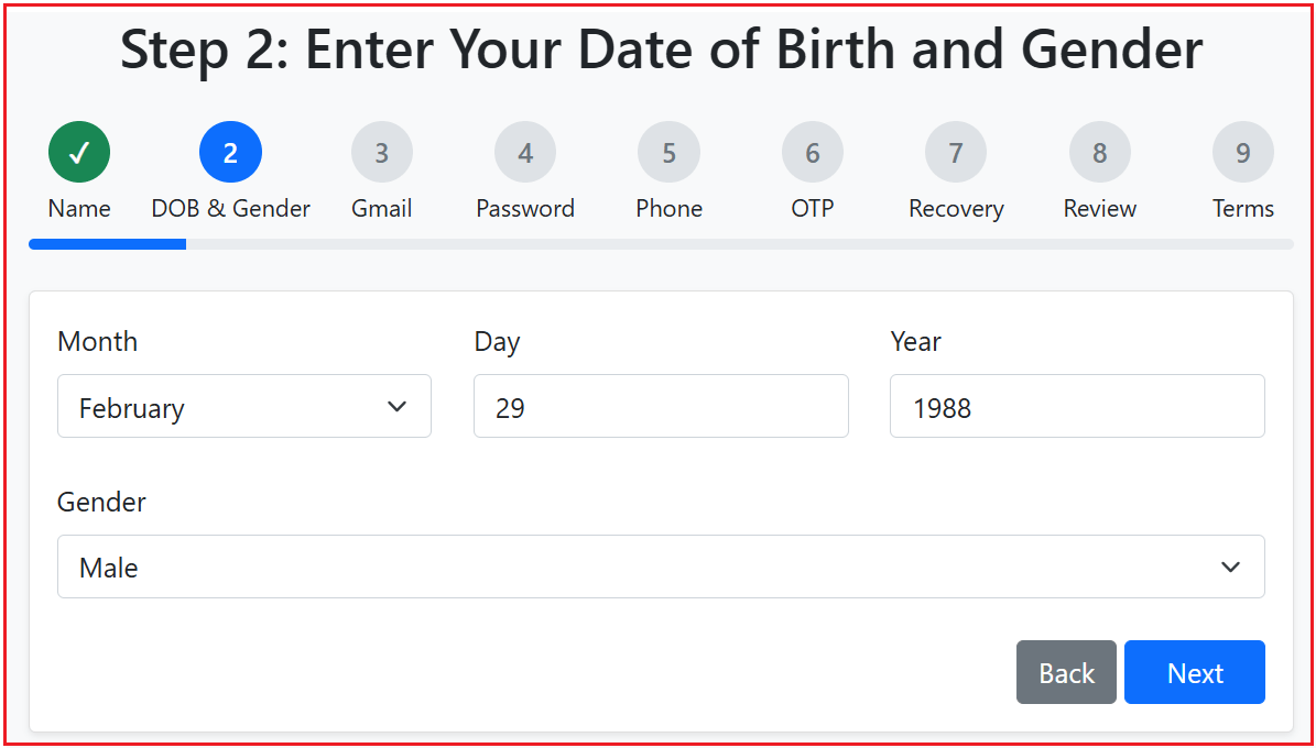 Step 2: Enter Date of Birth and Gender