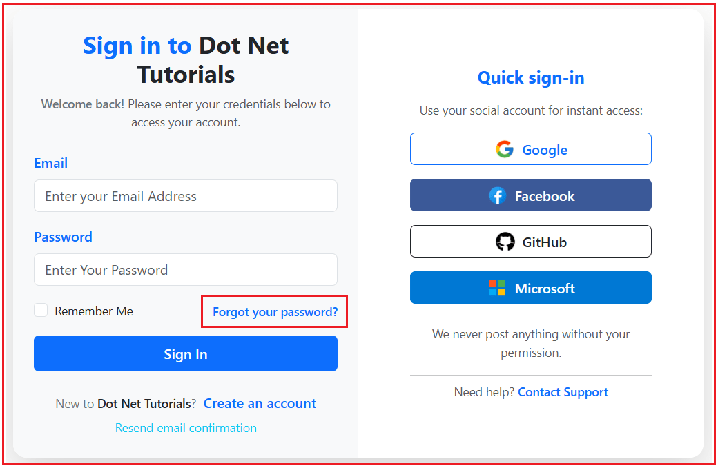 Forgot Password Button in Login Page
