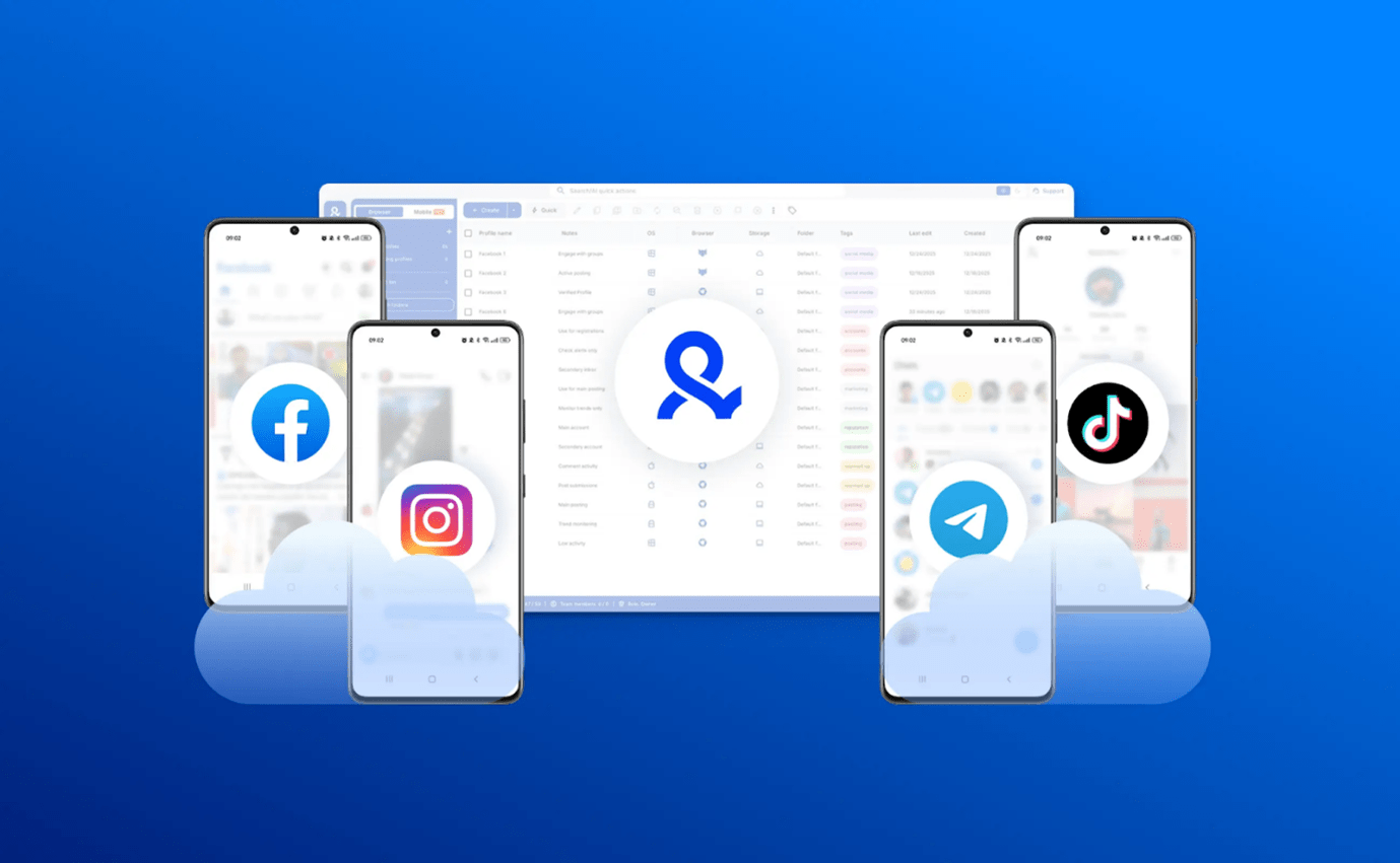 Illustration of Multilogin’s dashboard managing multiple Android cloud phones with social media apps. Illustration of Multilogin’s dashboard managing multiple Android cloud phones with social media apps.