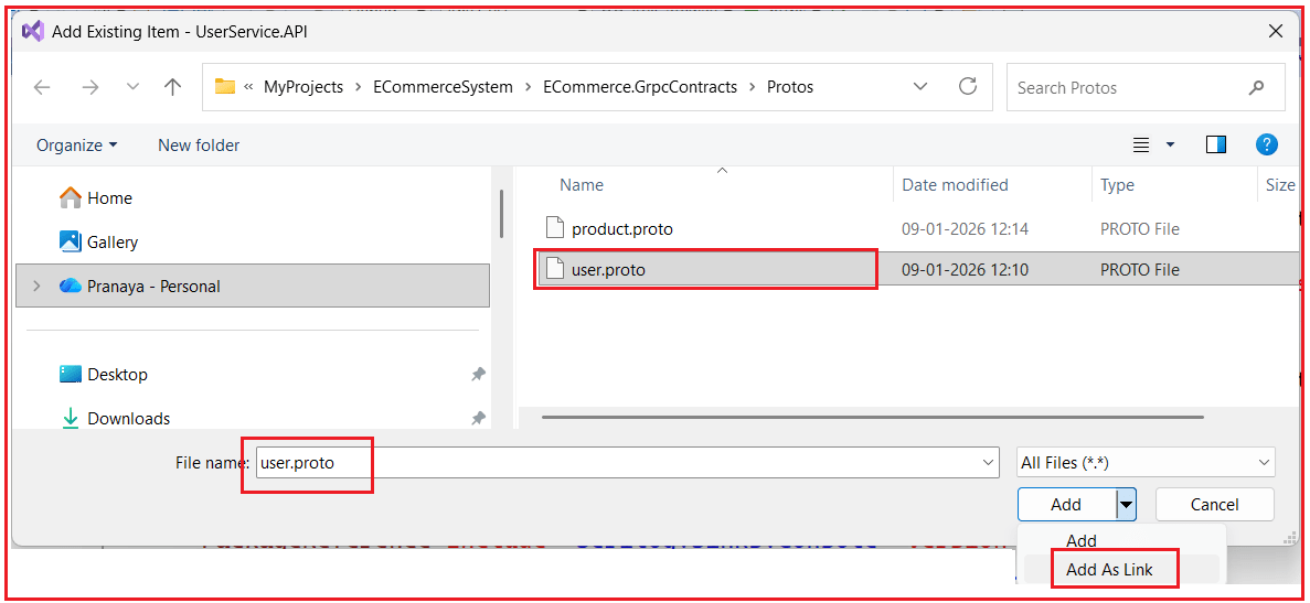 Linking user.proto into UserService.API