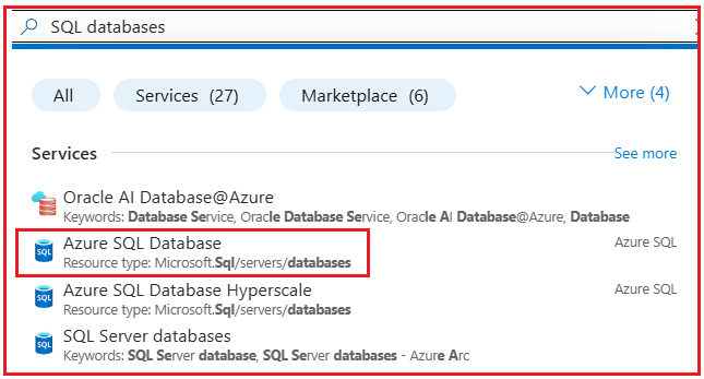 Search for SQL Databases in the Azure Portal