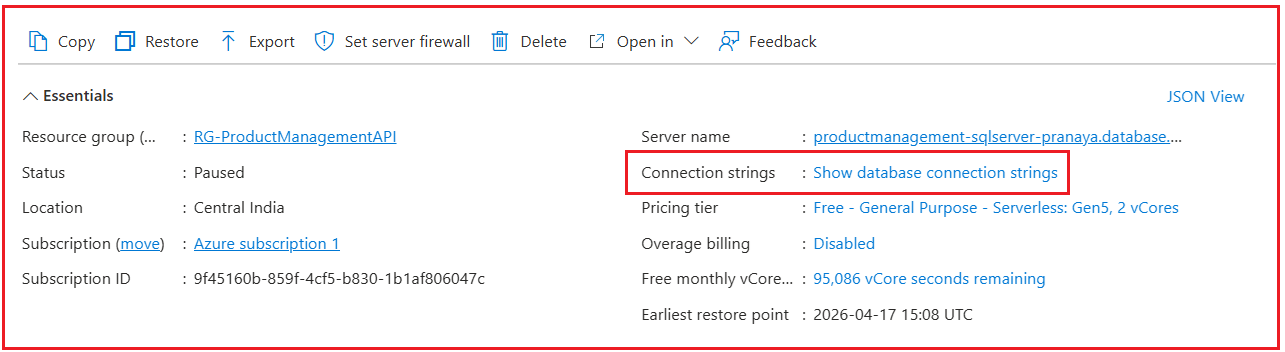 Open the Azure SQL Database Overview Page