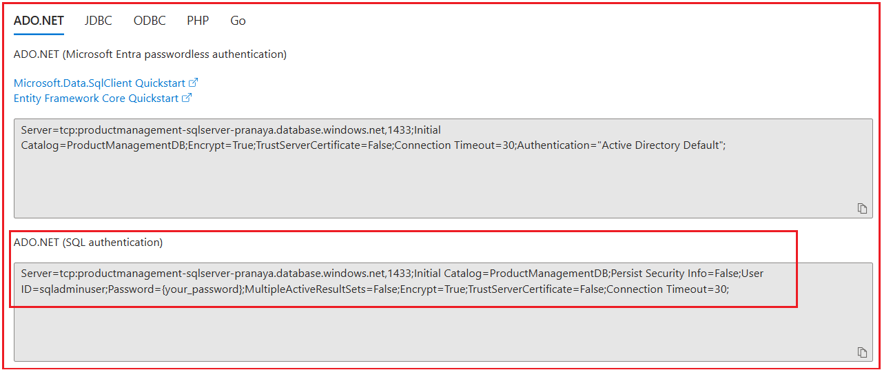 Get the Azure SQL Database Connection String