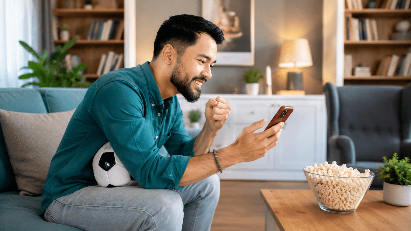 Man follows football match updates on mobile